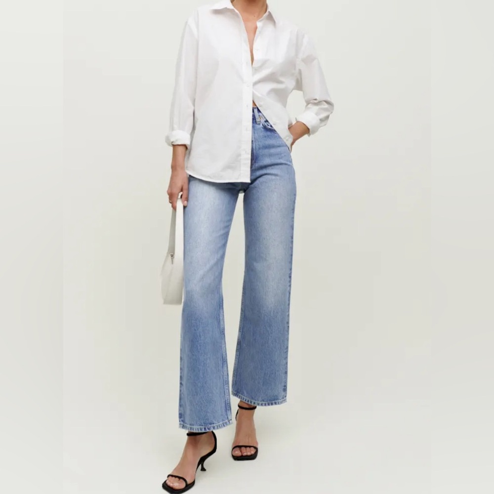 Reformation Wilder high waist wide cropped leg jeans in color Merritt.